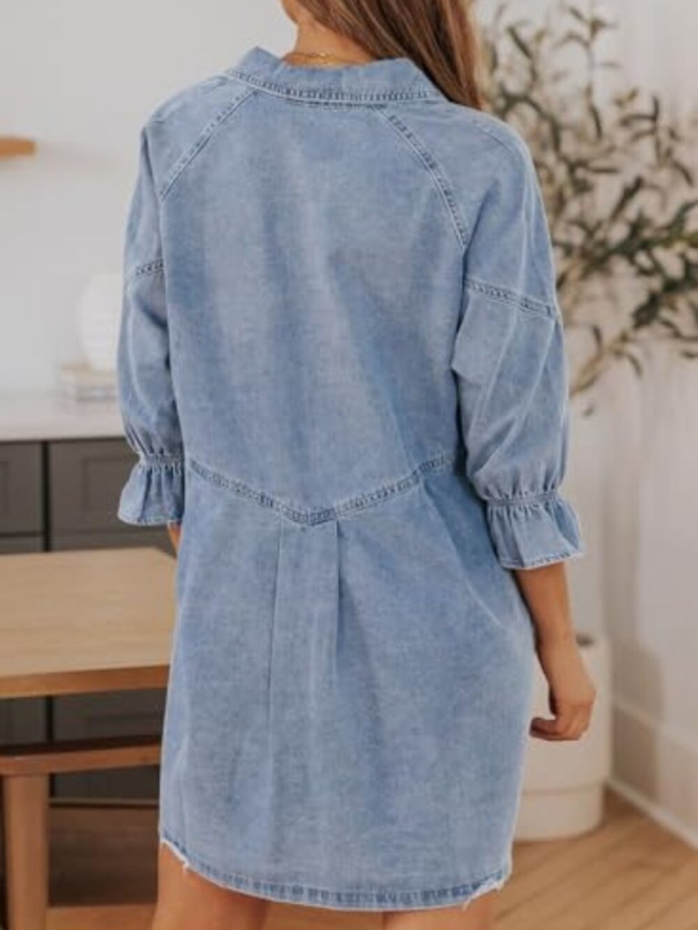Womens Smocked 3 4 Sleeve Button Down Denim Jeans Dresses - Picture 2 of 6